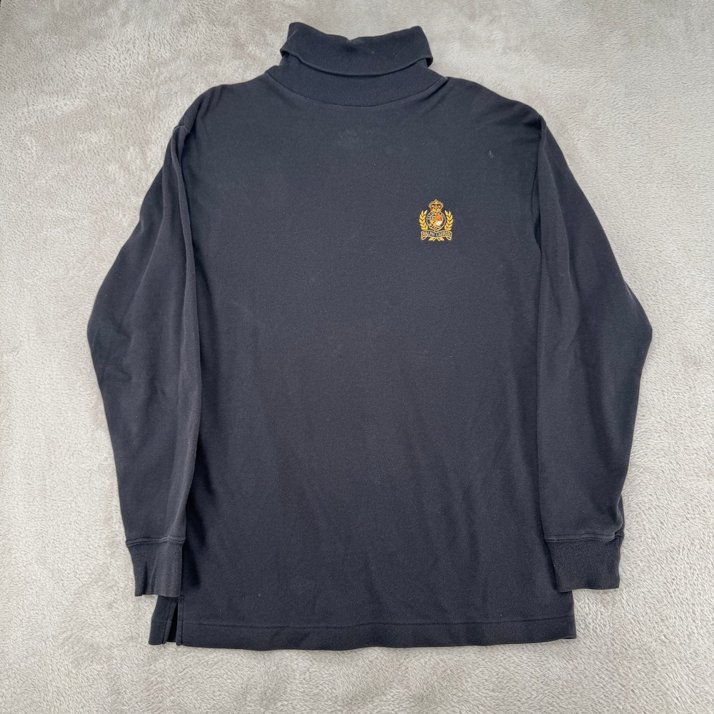 Ralph Lauren Womens Turtleneck Top Small Black Preowned Crest Logo Hole
